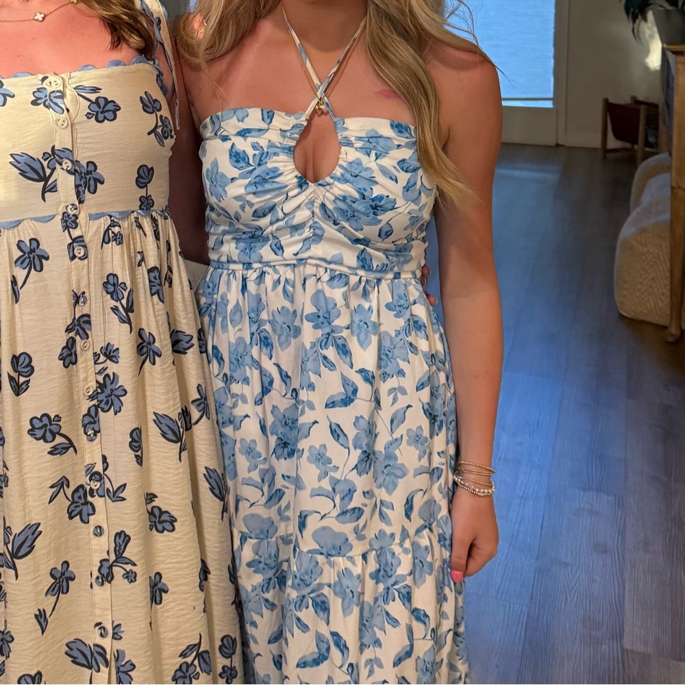 Floral Print Maxi Dress in Blue and White